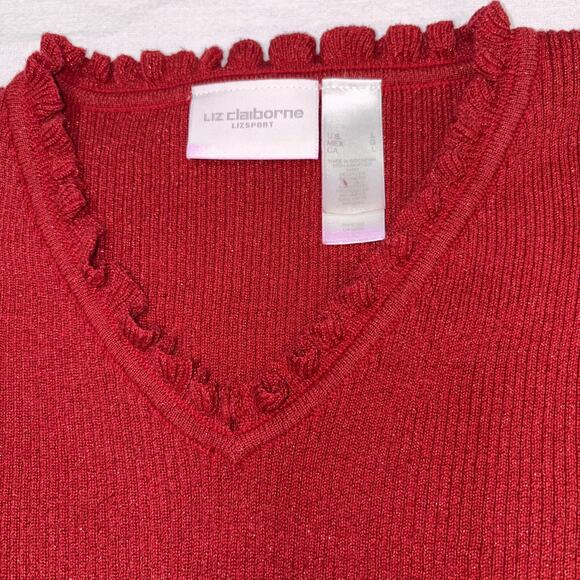 Y2K Vintage Liz Claiborne Red Shimmer Ruffle Trim Holiday Sweater L - Picture 7 of 13